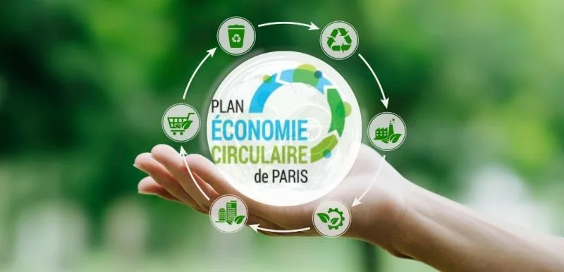 Plan de Economía Circular de París: Una mano sostiene un símbolo que representa el Plan de Economía Circular de París, rodeado de iconos para el reciclaje, los edificios ecológicos, la reducción de residuos y las compras sostenibles, subrayando el compromiso de la ciudad con la sostenibilidad.