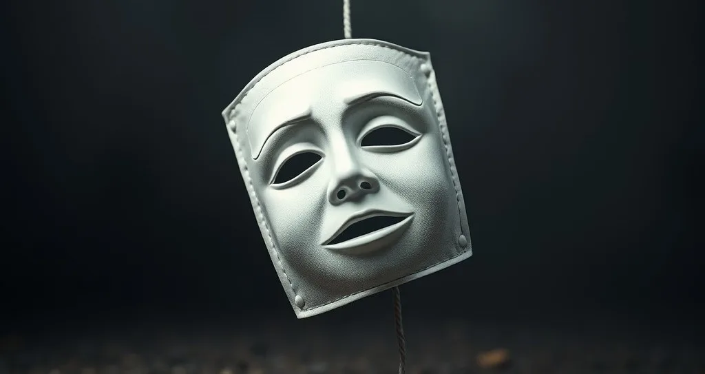 Una maschera bianca sospesa da una corda, posata su un pavimento scuro e circondata da foglie sparse, simboleggia l’autenticità, la trasparenza e l’etica in un contesto misterioso.