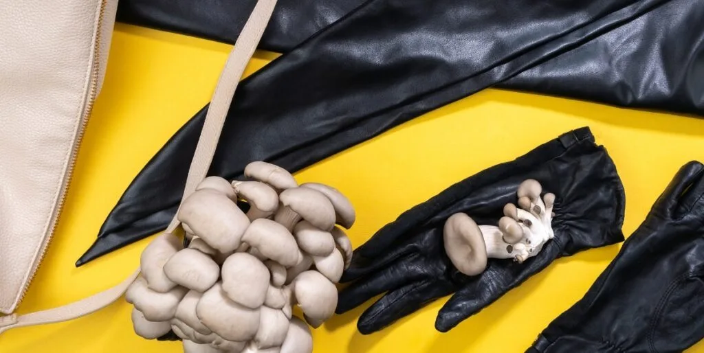 A collection of sustainable fashion items including black leather-like gloves and a beige bag made from eco-friendly materials, paired with clusters of oyster mushrooms on a bright yellow background, symbolizing the innovation of mushroom-based leather alternatives.