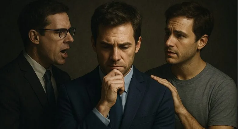 A man in a suit looks pensive, caught between two versions of himself—one in a business suit yelling at him, the other in casual clothes offering support.