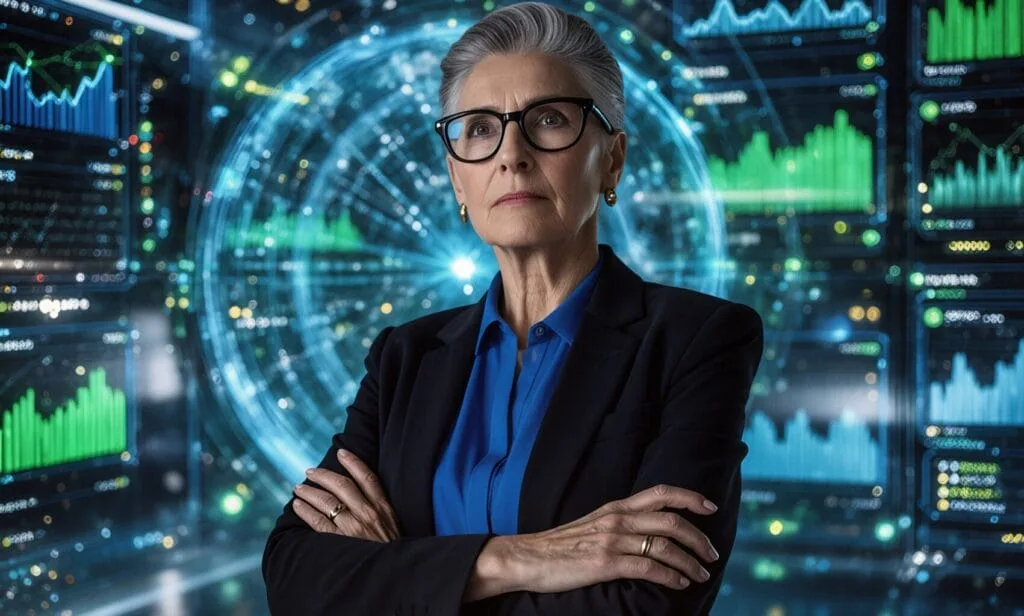 Donna d'affari senior sicura di sé, in abito scuro e occhiali, in piedi con le braccia incrociate davanti a uno schermo digitale ad alta tecnologia che mostra visualizzazioni di dati.